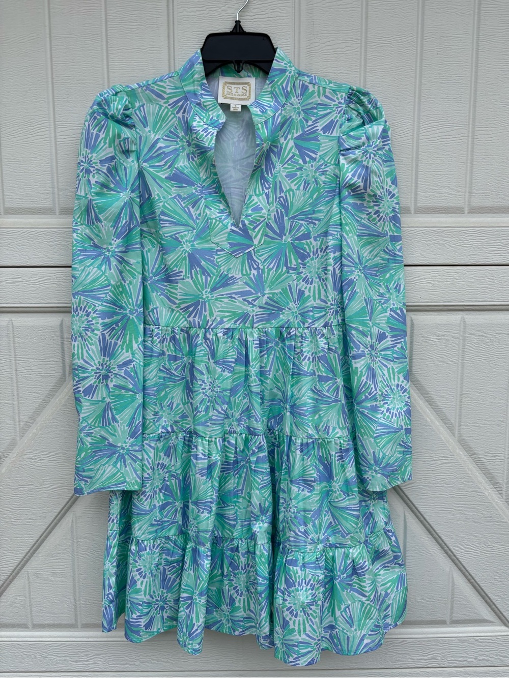 Sail to Sable Tiered Dress Small Cotton Blue Green Floral Puff Sleeve